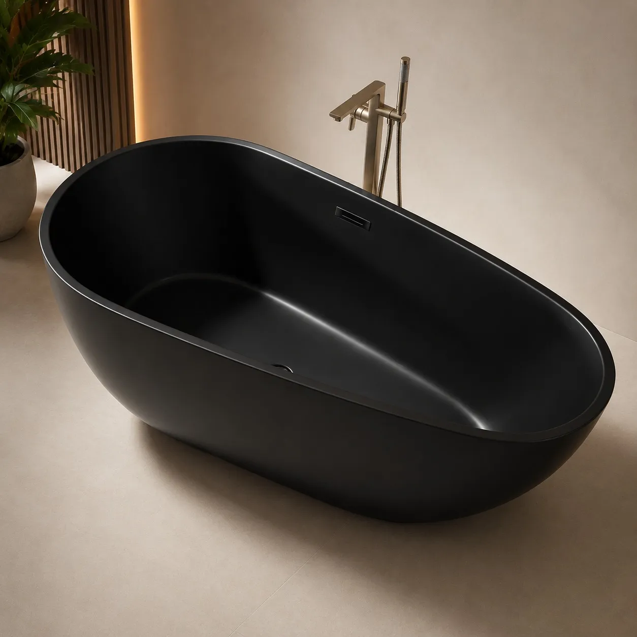 Matte black bathtub with brushed-gold mixer